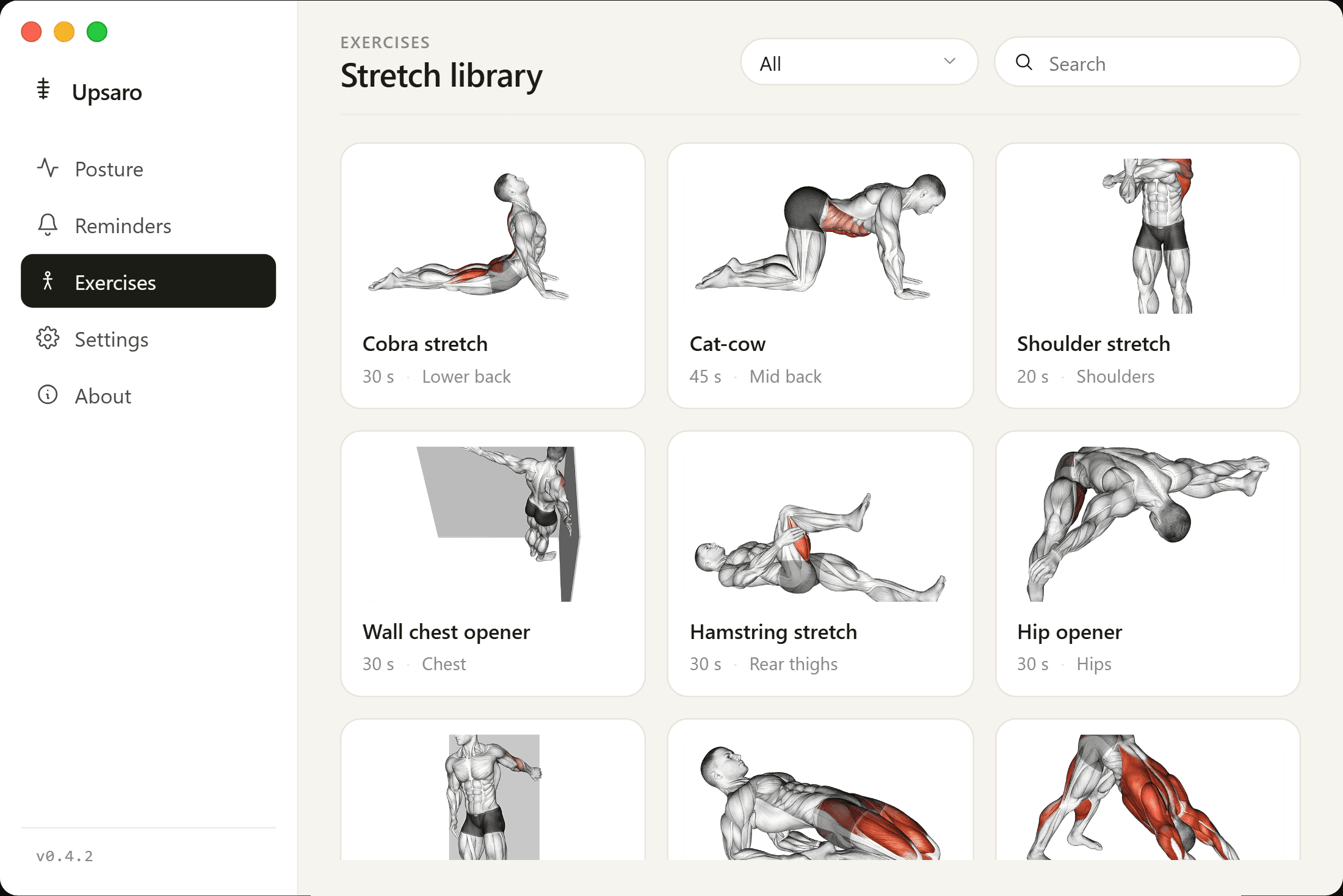 Upsaro exercise library with stretch cards filterable by body region