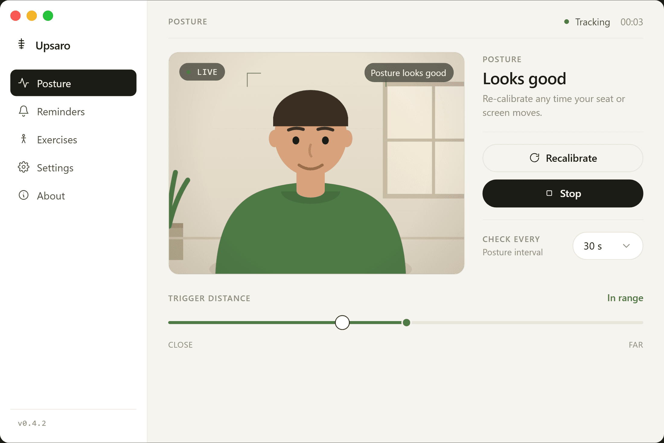 The Upsaro app showing the live posture monitor with a camera feed, trigger-distance slider and reminder settings