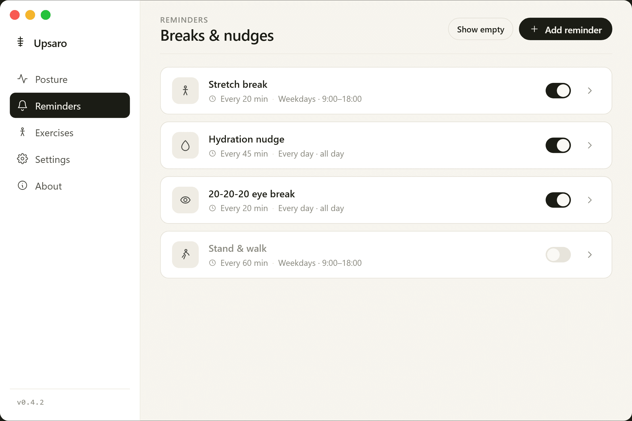 Upsaro reminders page with stretch, hydration, eye-break and walk reminders, each with schedule and toggle